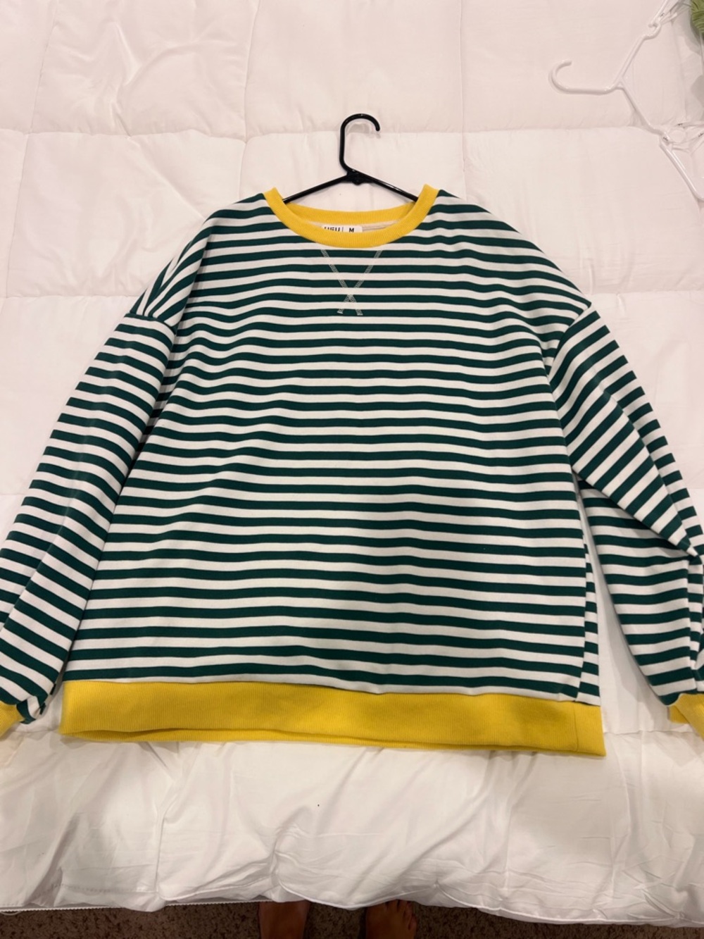 Green and White Striped Sweatshirt with Yellow Trim